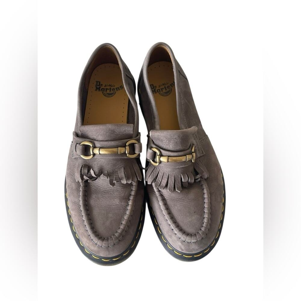 Dr. Martens Gray Suede Kiltie Loafers with Gold Hardware